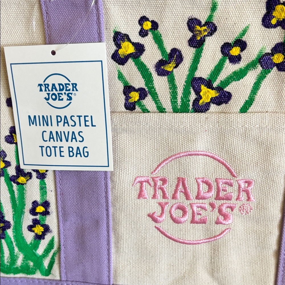 TRADER JOE’s Mini Lavender Canvas Floral Tote Bag w/ Hand Painted Art by:@sail66 - Picture 2 of 7